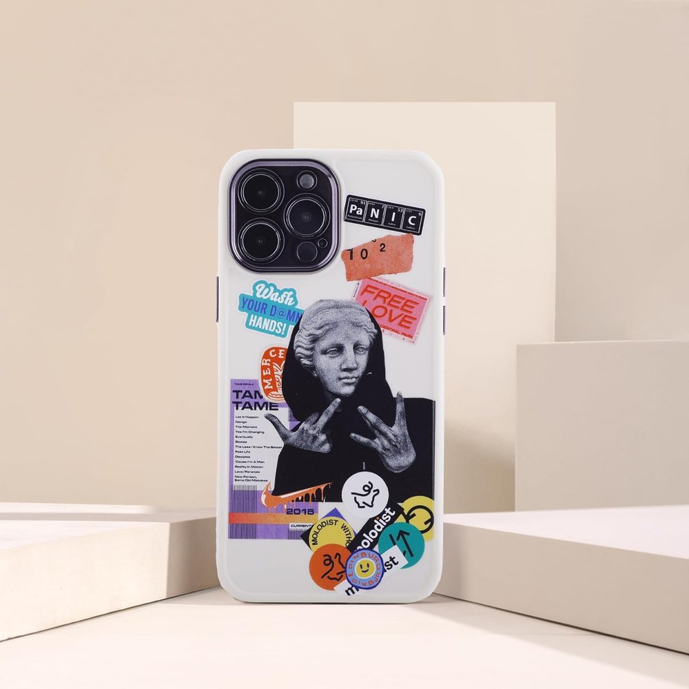 Чехол для iPhone 15 Pro Collage Labels Mona Lisa Белый + защита камеры