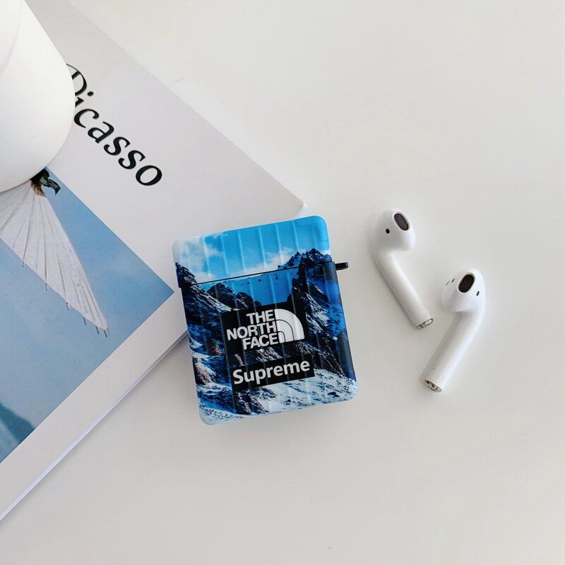 Синий чехол Supreme The North Face "Эверест" для Apple Airpods 1/2