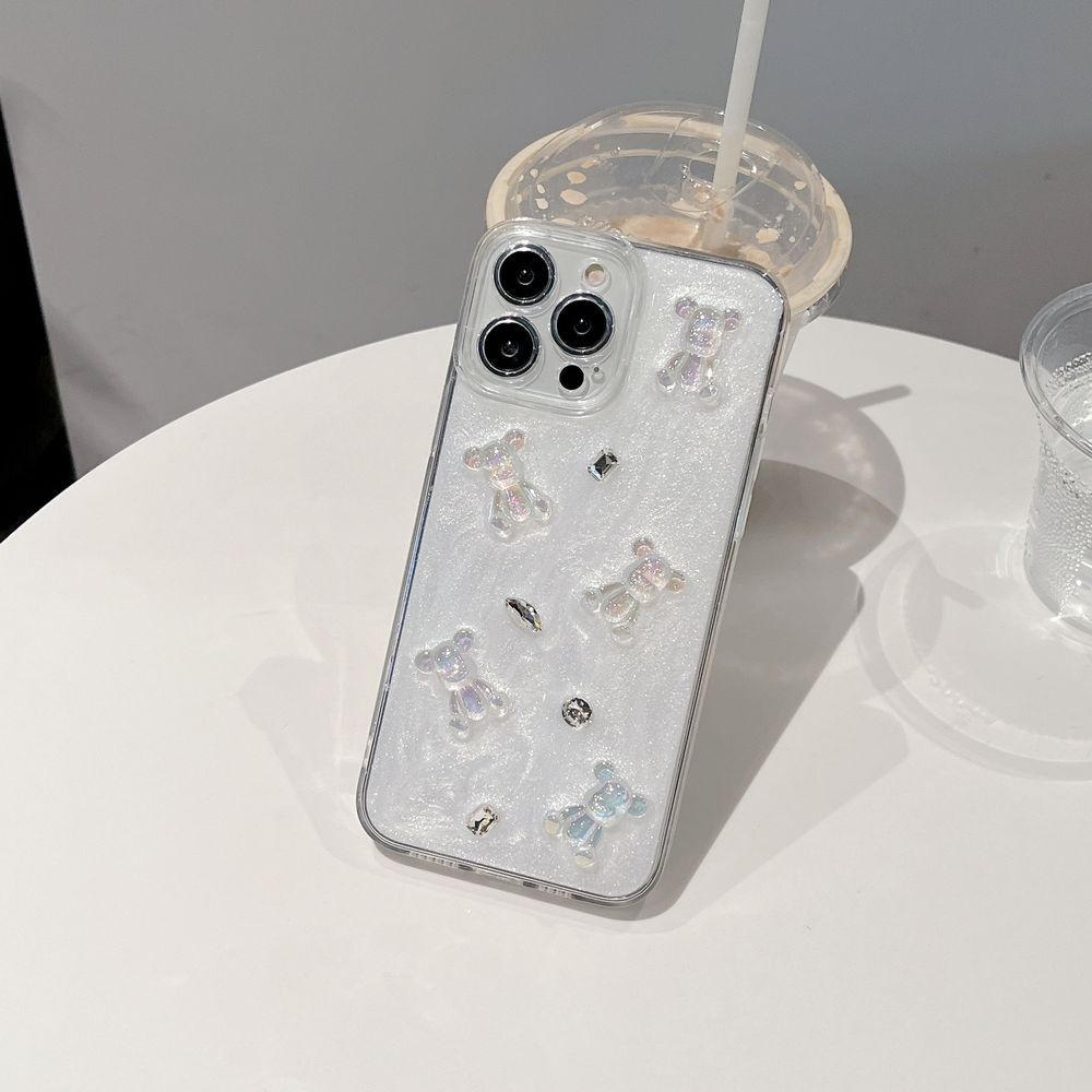 Кремовый чехол для iPhone 13 Pro 3D Teddy Bear с блестками