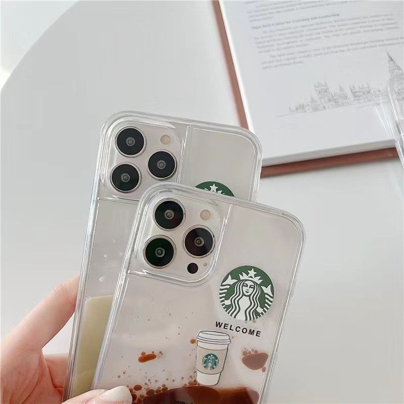 Чехол-переливашка для iPhone 13 Starbucks с карамельно-кофейным сиропом