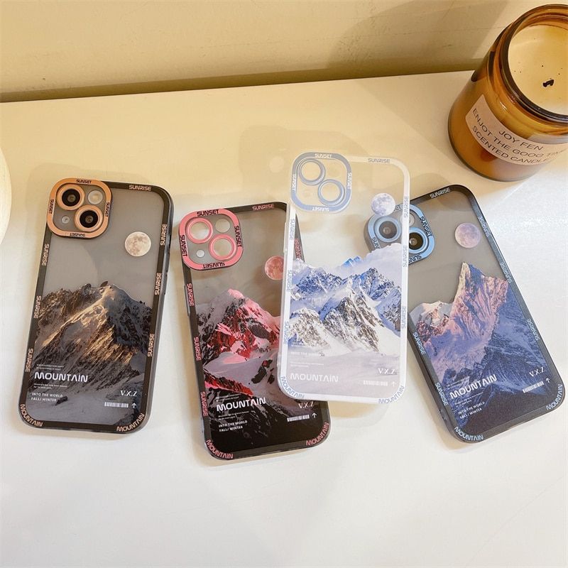 Чехол для iPhone 14 Pro Snowy Mountains с защитой камеры Прозрачно-розовый