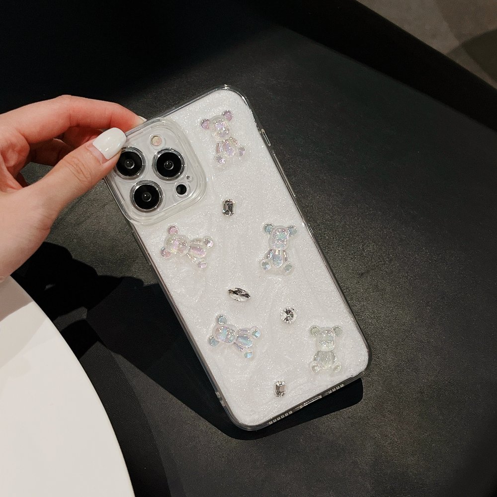 Кремовый чехол для iPhone 13 3D Teddy Bear с блестками