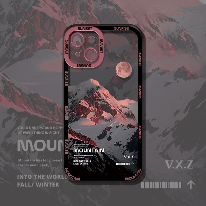 Чехол для iPhone 14 Snowy Mountains с защитой камеры Прозрачно-розовый