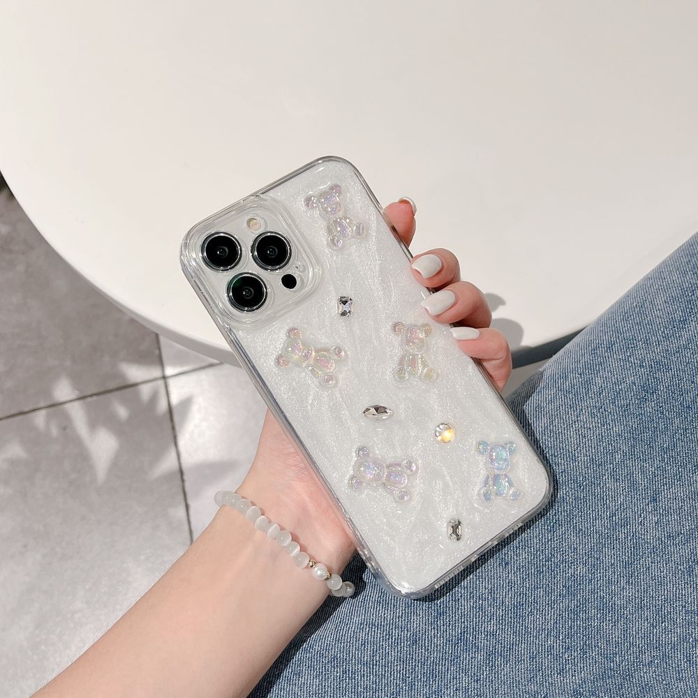 Кремовый чехол для iPhone 12 Pro Max 3D Teddy Bear с блестками