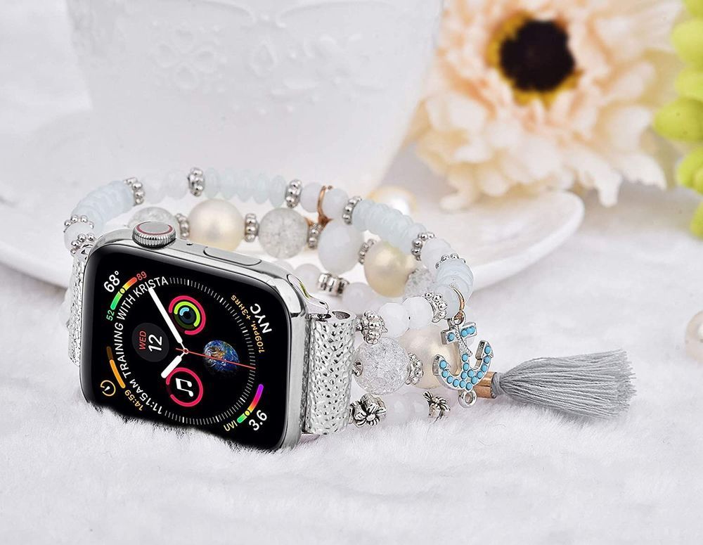 Браслет из белых бусин и кристаллов "Жемчужина" для Apple Watch 46 / 45 / 44 / SE 44 / 42 (Series 1-3) / 49 Ultra / Ultra 2
