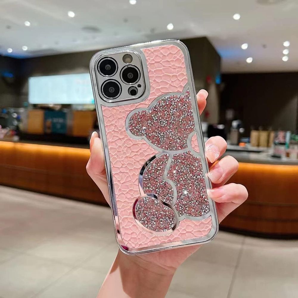 Блискучий чохол для iPhone 12 Diamond Bear Рожевий