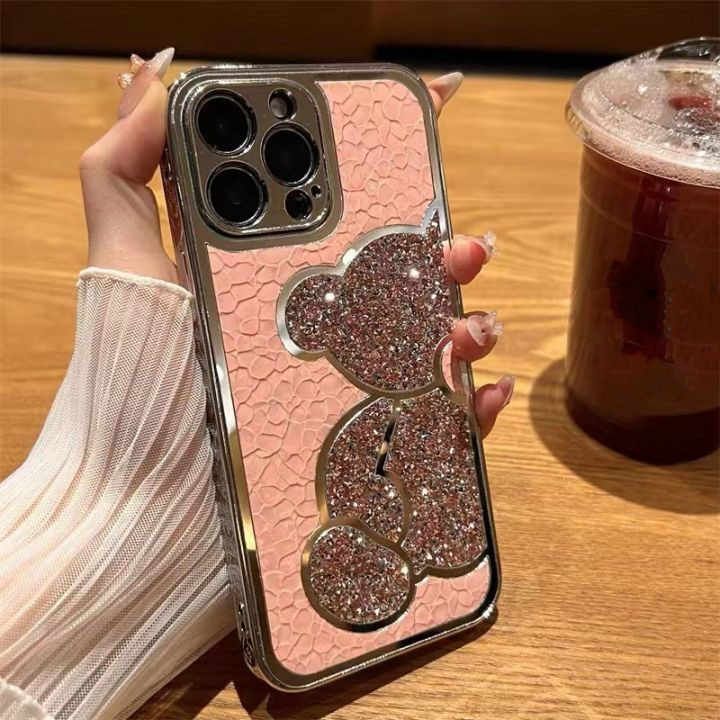Блестящий чехол для iPhone 12 Diamond Bear Розовый