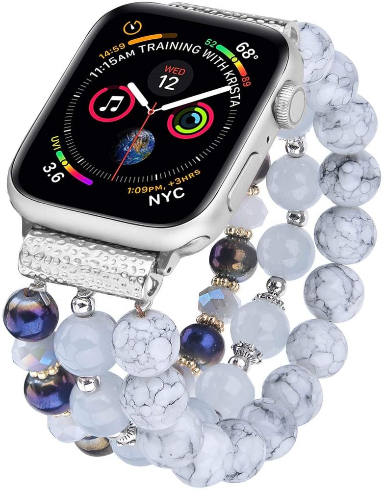Дизайнерский ремешок из бело-синих бусин "Свежесть" для Apple Watch 42-45 мм (Series 6/5/4/3/2)