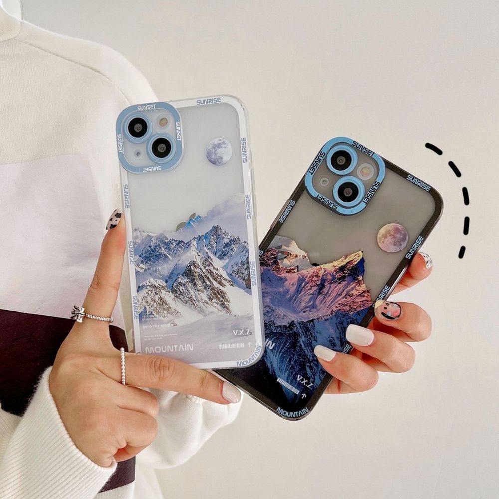 Чехол для iPhone 14 Snowy Mountains с защитой камеры Прозрачно-белый