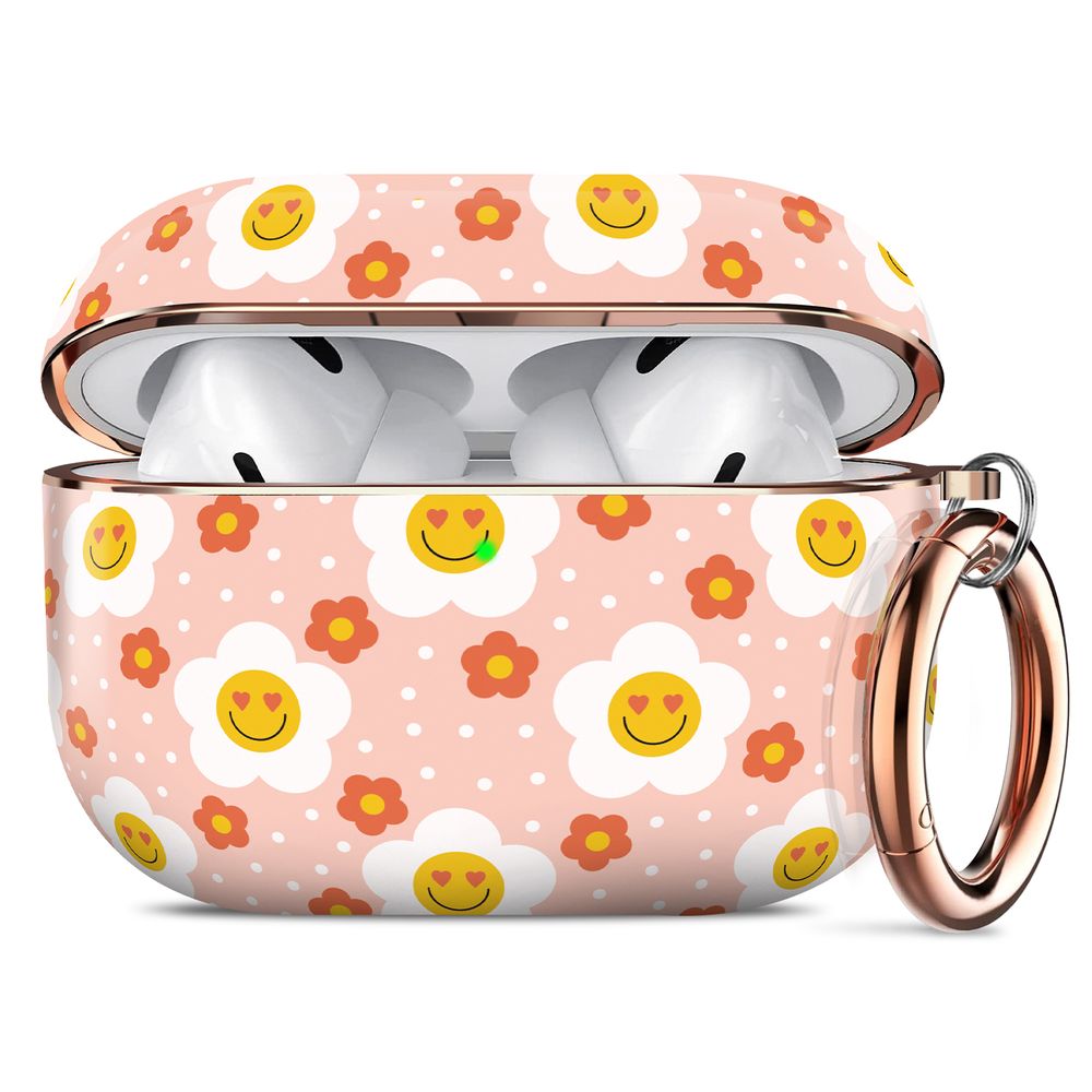 Дизайнерський чохол для Apple Airpods Pro 2 Веселі квіти Рожевий з золотим кільцем