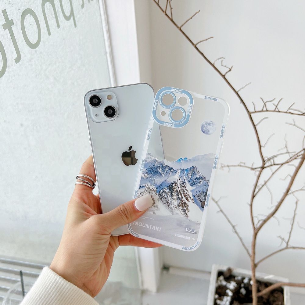 Чехол для iPhone 14 Plus Snowy Mountains с защитой камеры Прозрачно-белый
