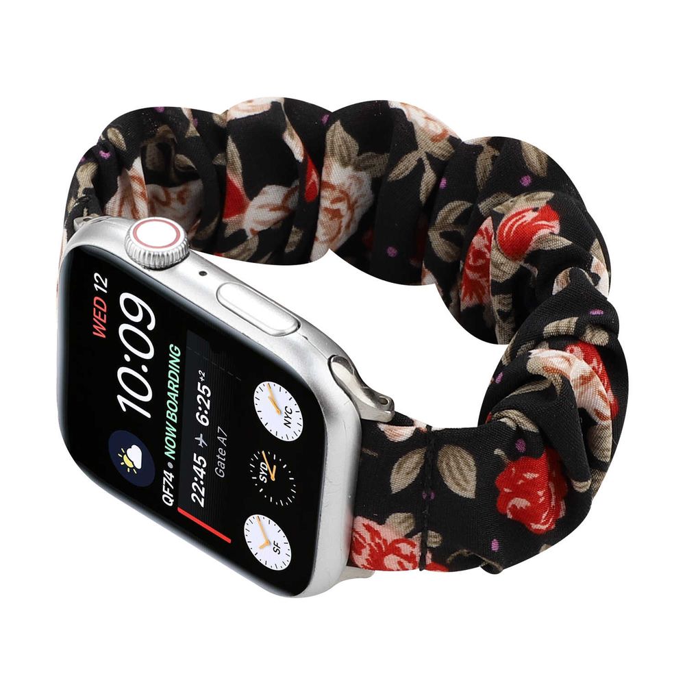 Ремешок "Садовая роза" черный для Apple Watch 42-45 мм (Series 6/5/4/3/2) + резинка для волос