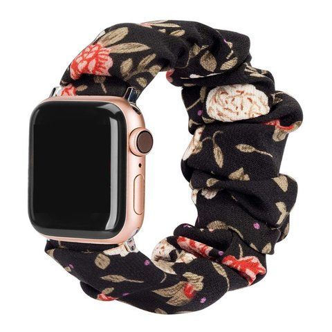 Ремінець "Садова троянда" чорний для Apple Watch 46 / 45 / 44 / SE 44 / 42 (Series 1-3) / 49 Ultra / Ultra 2 + резинка для волосся