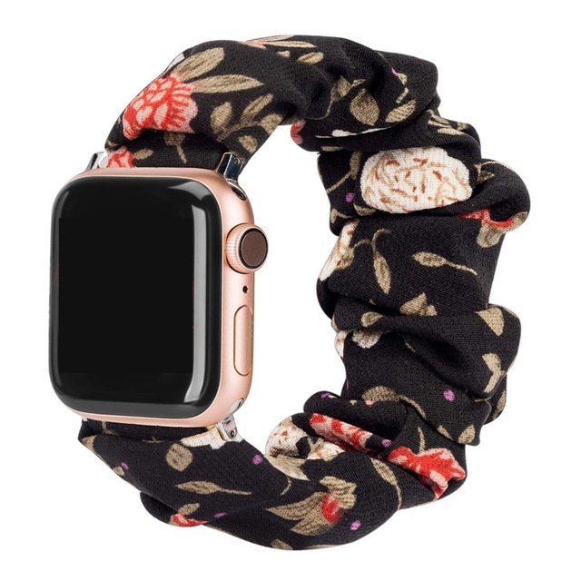 Ремінець "Садова троянда" чорний для Apple Watch 42-45 мм (Series 6/5/4/3/2) + резинка для волосся