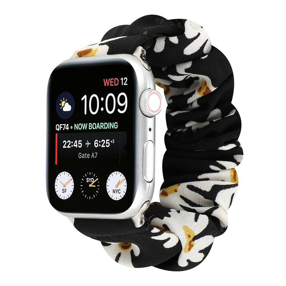 Ремешок "Белоснежная ромашка" черный для Apple Watch 38-41 мм (Series 6/5/4/3/2) + резинка для волос