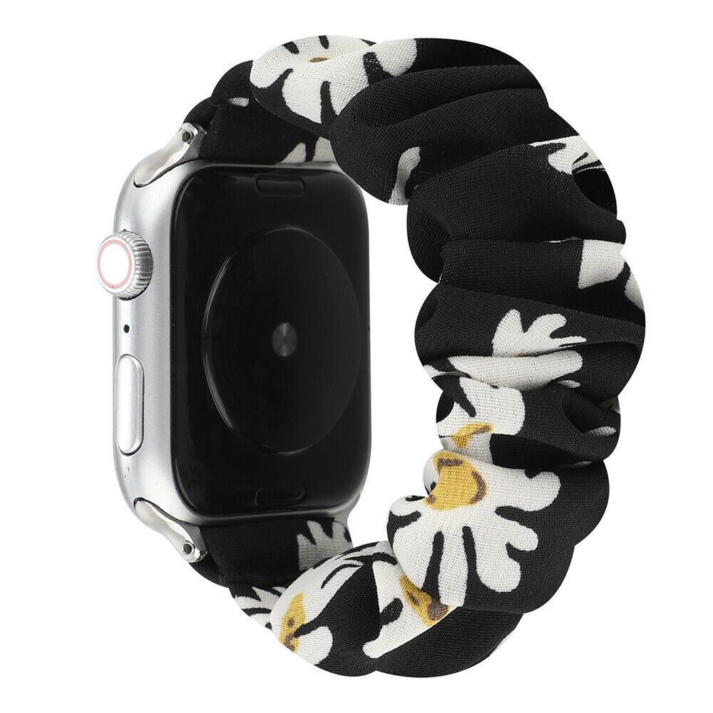 Ремінець "Білосніжна ромашка" чорний для Apple Watch 38-41 мм (Series 6/5/4/3/2) + резинка для волосся