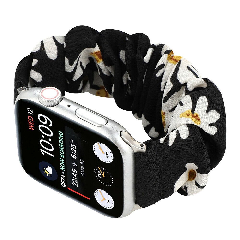 Ремінець "Білосніжна ромашка" чорний для Apple Watch 42-45 мм (Series 6/5/4/3/2) + резинка для волосся