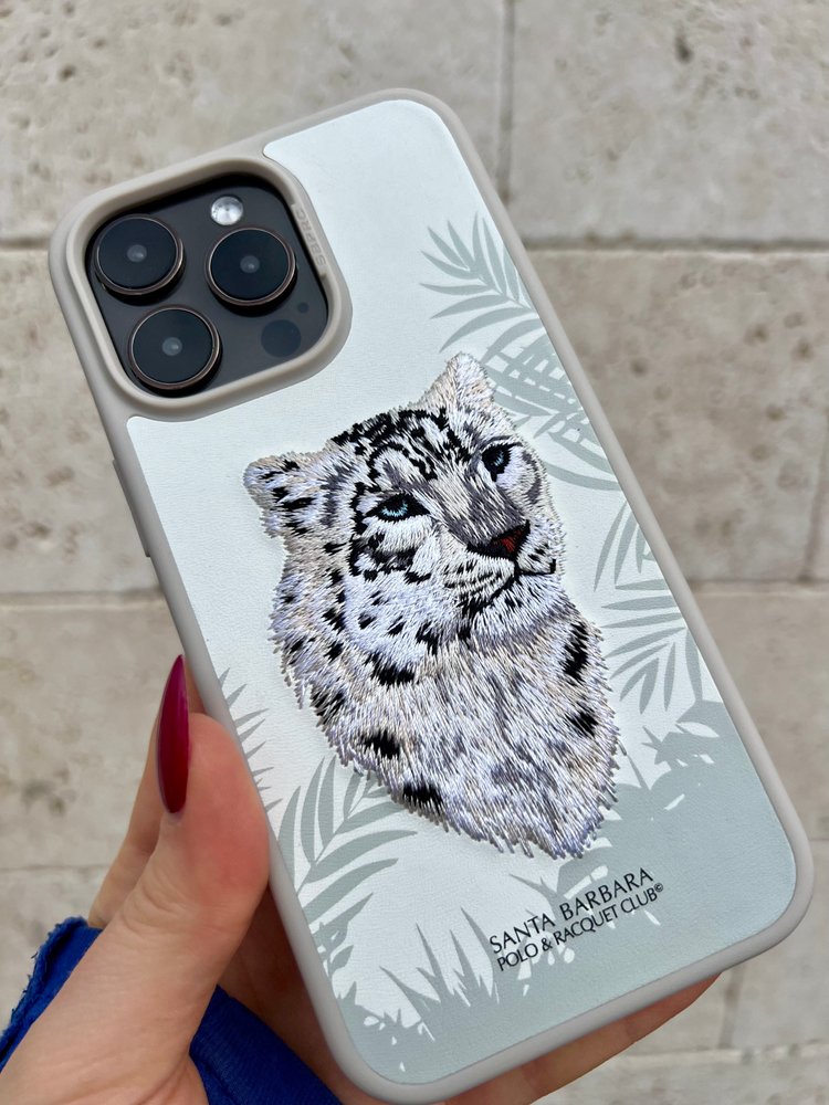 Чехол для iPhone 15 Pro Max Savanna Snow Leopard Santa Barbara Polo Кожаный с вышивкой