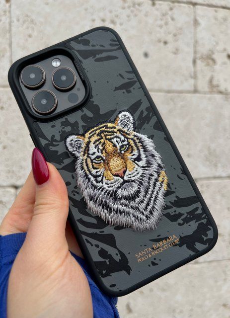 Чехол для iPhone 15 Pro Savanna Tiger Santa Barbara Polo Кожаный с вышивкой