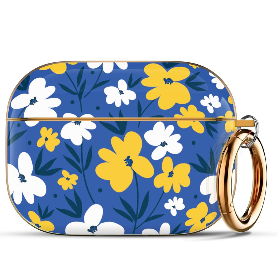 Дизайнерский чехол для Apple Airpods Pro 2 с цветочным принтом Синий с золотым кольцом