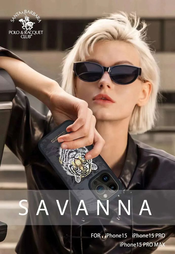 Чехол для iPhone 15 Pro Max Savanna Tiger Santa Barbara Polo Кожаный с вышивкой