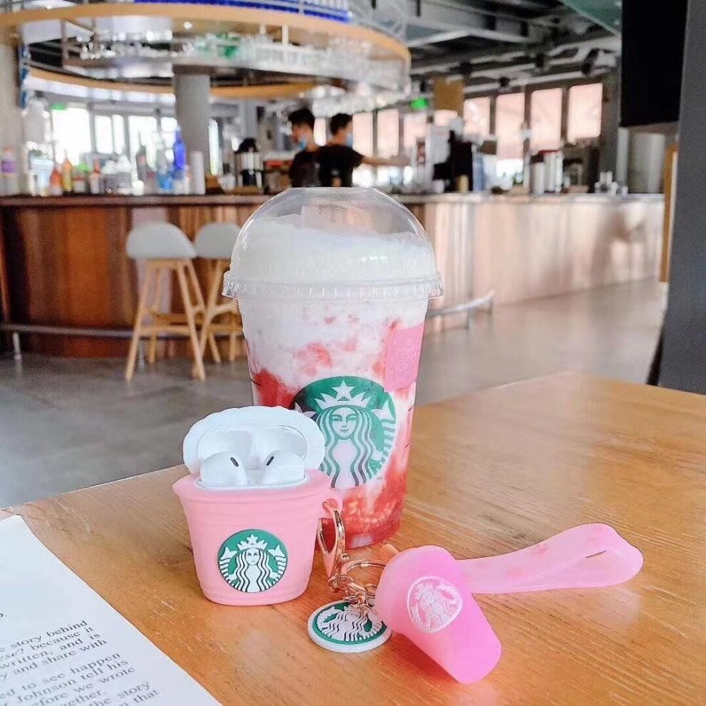 Силіконовий 3D чохол для Apple Airpods Pro + брелок Морозиво Starbucks Рожевий