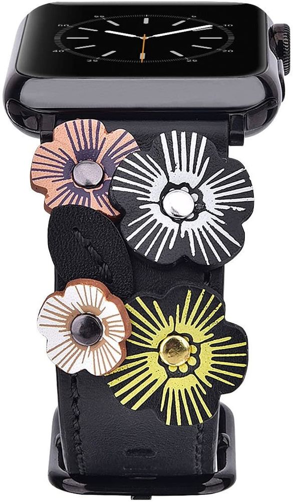 Чорний шкіряний ремінець "Квіти" для Apple Watch 38-41 мм (Series 6/5/4/3/2)