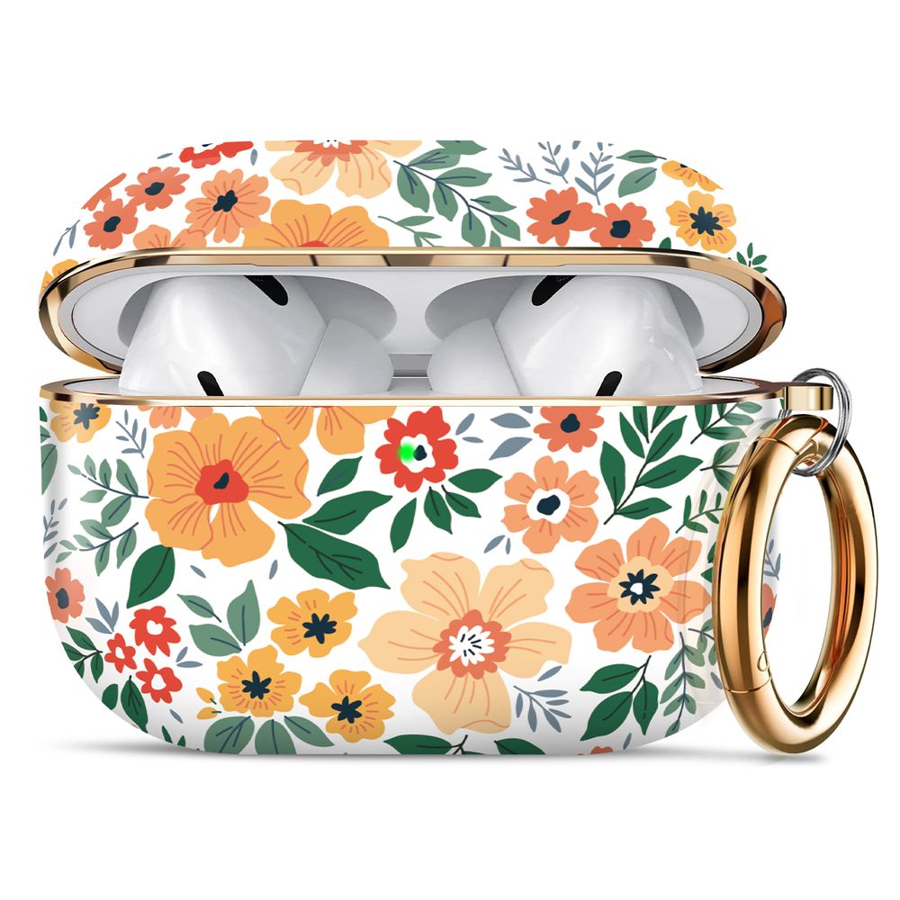 Дизайнерский чехол для Apple Airpods Pro 2 Узор оранжевых цветов Белый с золотым кольцом