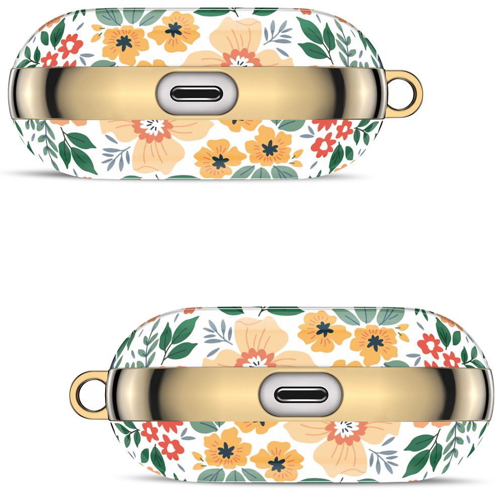 Дизайнерский чехол для Apple Airpods Pro 2 Узор оранжевых цветов Белый с золотым кольцом