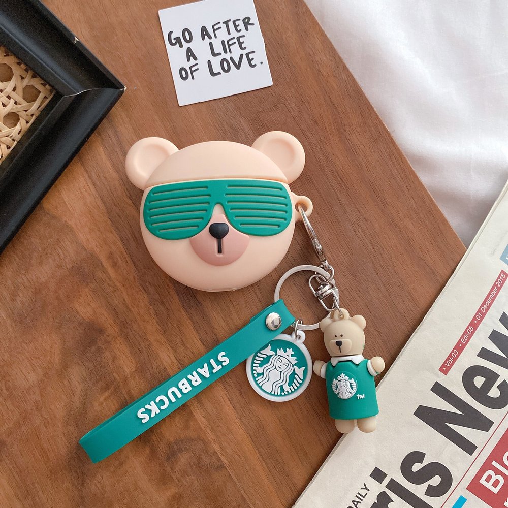 3D Чохол для Apple Airpods 1/2 Ведмежатко Starbucks в зелених окулярах + брелок
