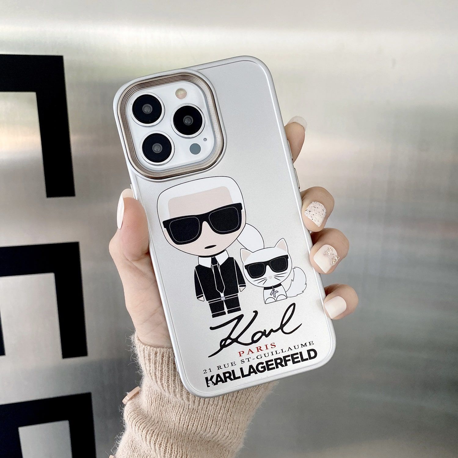 Чехол для iPhone 12 Karl Lagerfeld and cat с защитой камеры Белый | Pikasso