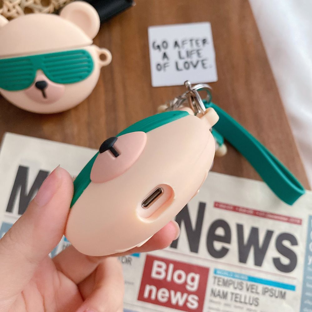 3D Чохол для Apple Airpods Pro Ведмежатко Starbucks в зелених окулярах + брелок