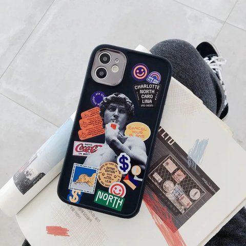 Чехол для iPhone 14 Pro Collage Labels Statue David Черный + защита камеры
