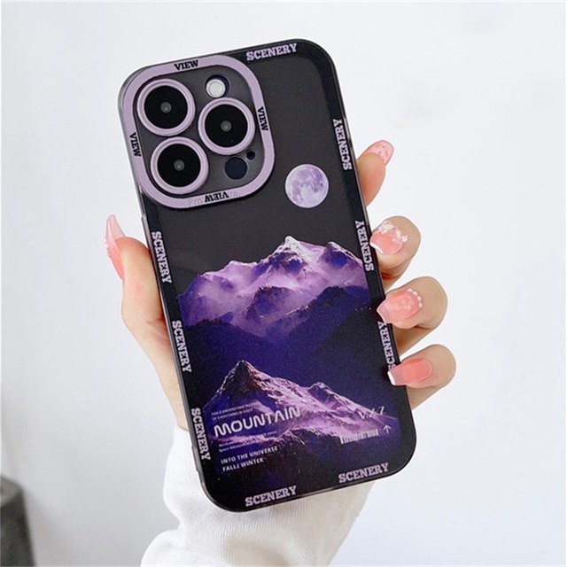 Чохол для iPhone 14 Pro Max Scenery Mountains із захистом камери Прозоро-фіолетовий