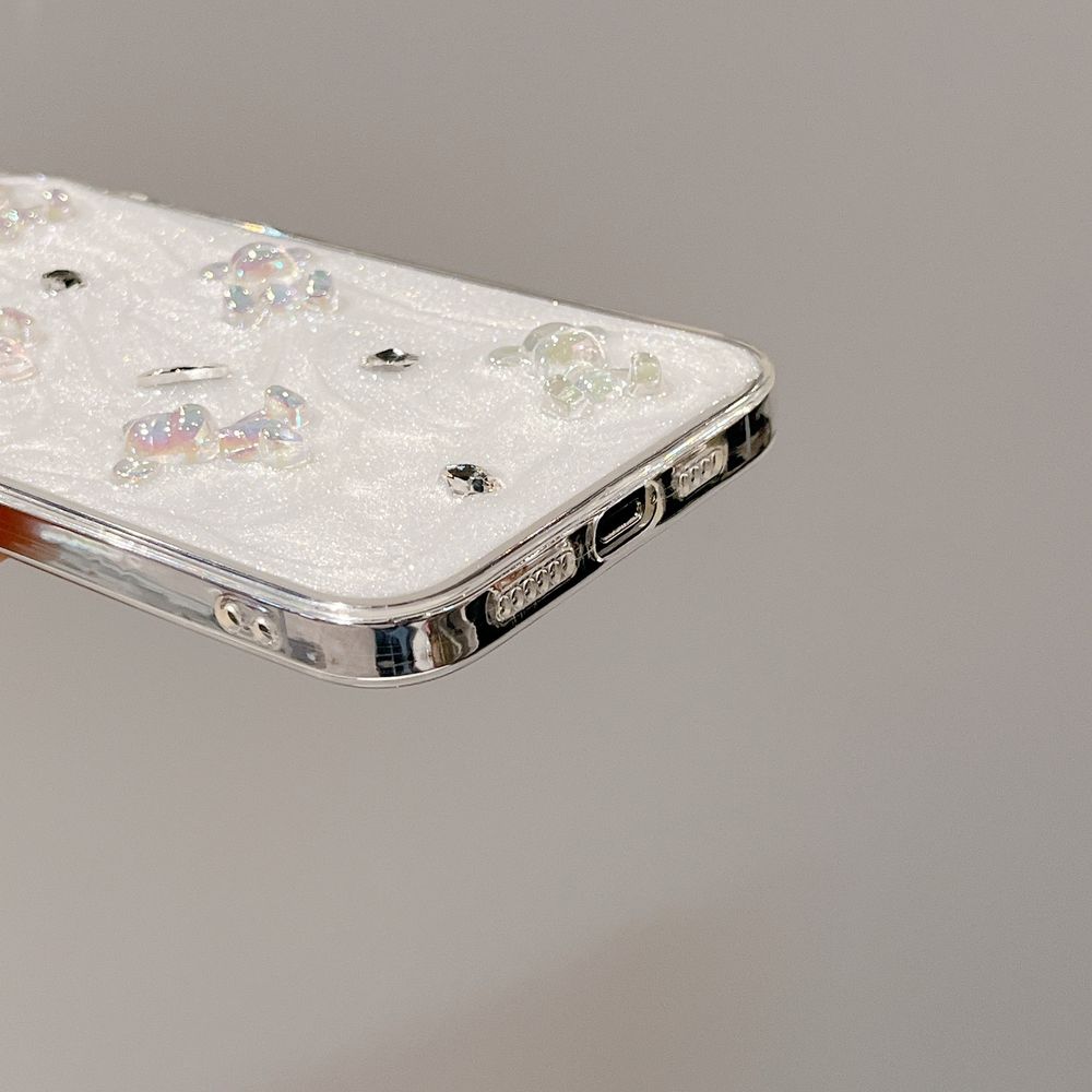 Кремовий чохол для iPhone 15 Pro Max 3D Teddy Bear з блискітками