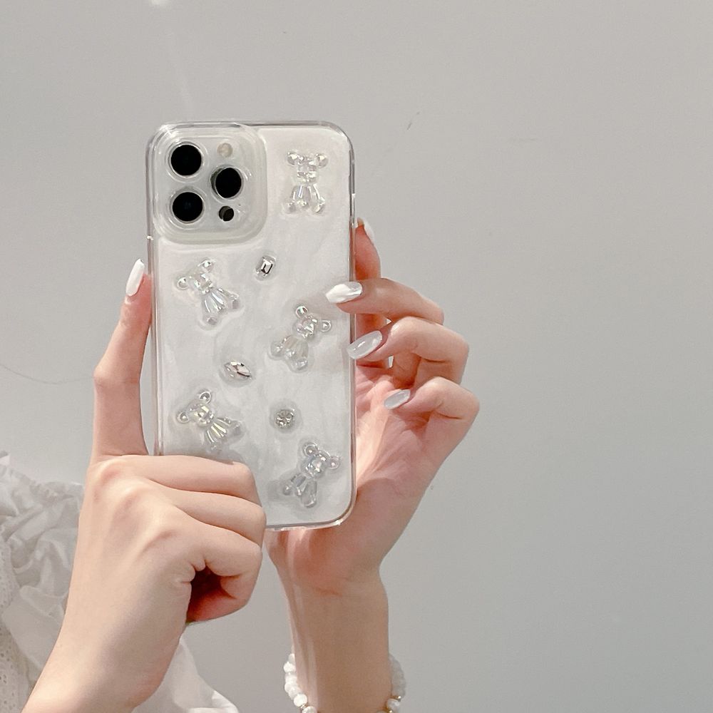 Кремовый чехол для iPhone 15 Pro Max 3D Teddy Bear с блестками
