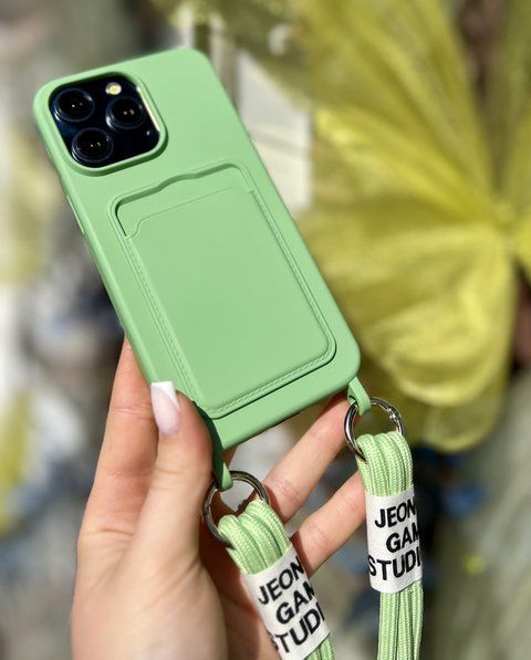 Чохол для iPhone 14 Pro Max з ременем для плеча з карманом для карток Зелений