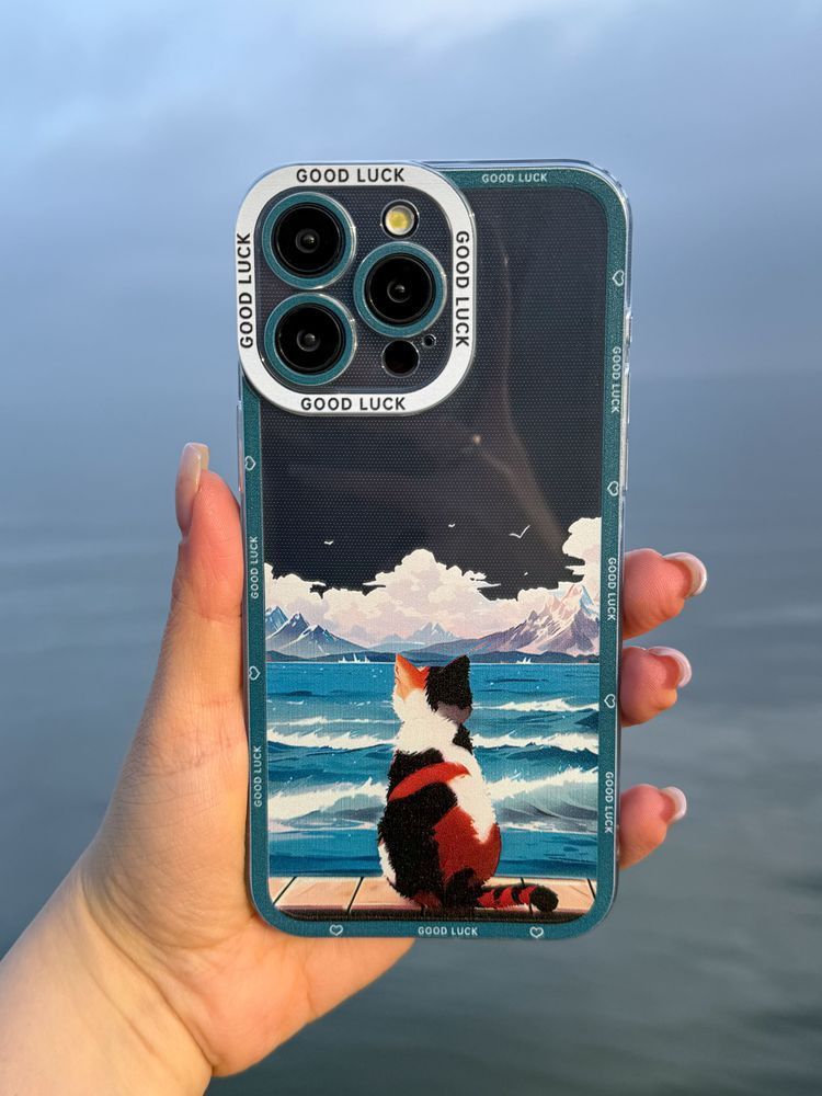 Чехол для iPhone 12 Морской закат с кошкой