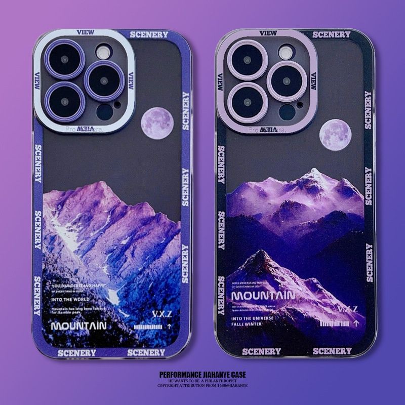 Чохол для iPhone 14 Scenery Mountains із захистом камери Прозоро-фіолетовий