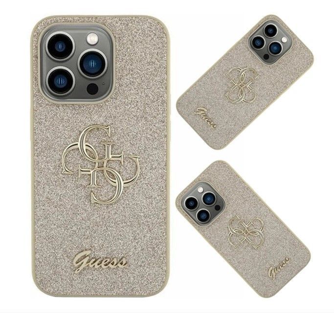 Чохол для iPhone 16 Pro Guess Glitter Script Big 4G Металічне золото