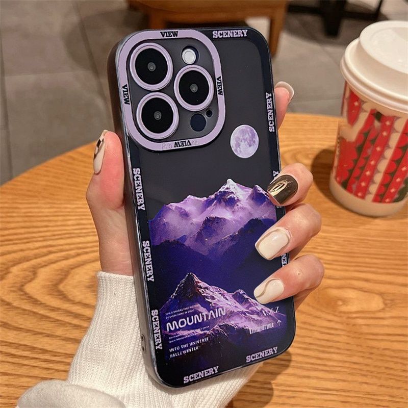 Чехол для iPhone 14 Plus Scenery Mountains с защитой камеры Прозрачно-фиолетовый