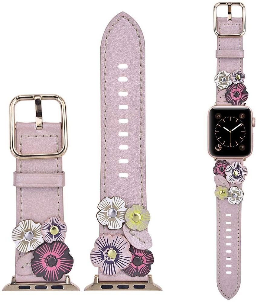 Розовый кожаный ремешок "Цветы" для Apple Watch 38-41 мм (Series 6/5/4/3/2)