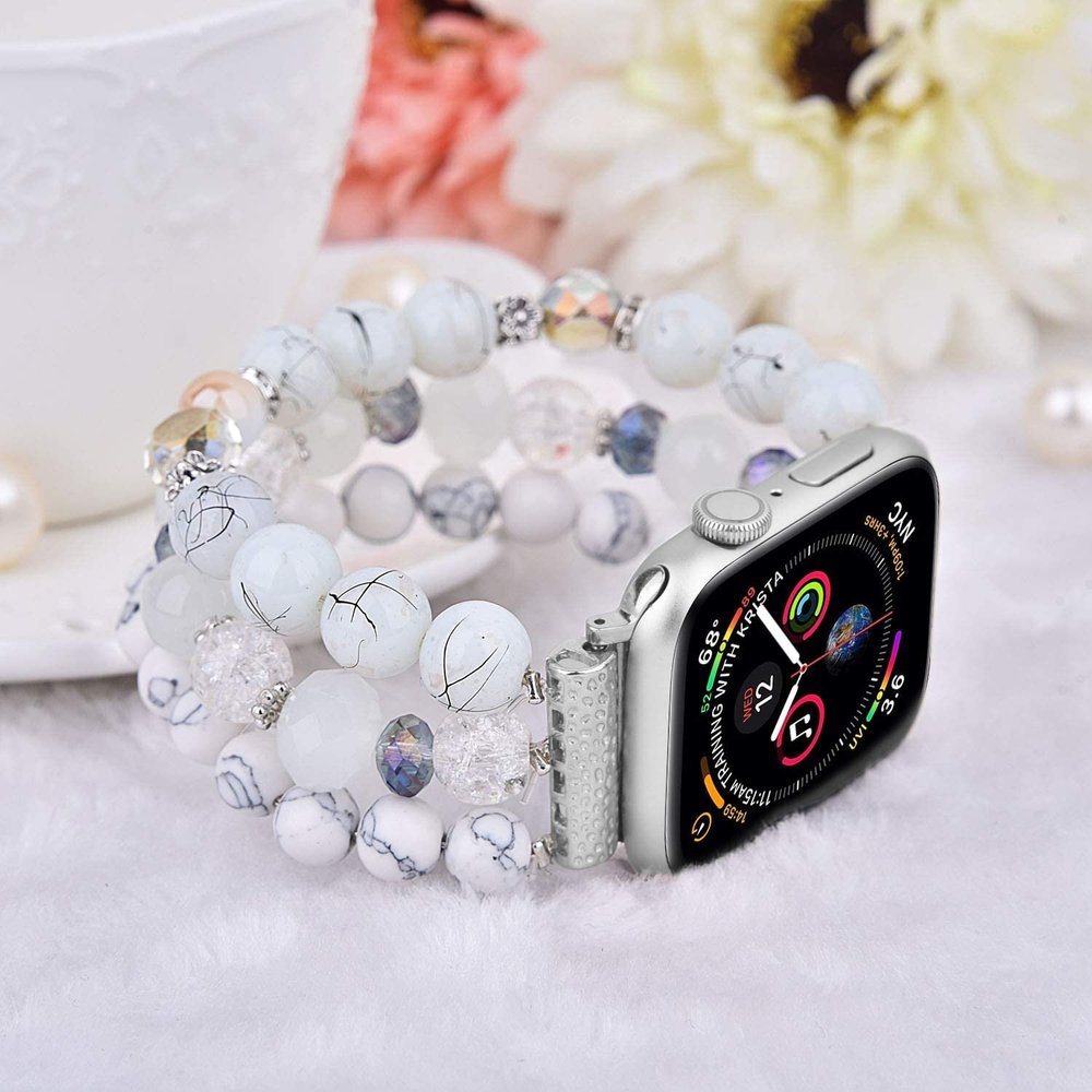 Ремешок из бело-синих бусин и кристаллов "Нежный" для Apple Watch 42-45 мм (Series 6/5/4/3/2)