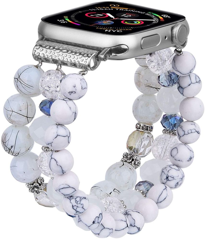 Ремешок из бело-синих бусин и кристаллов "Нежный" для Apple Watch 42-45 мм (Series 6/5/4/3/2)