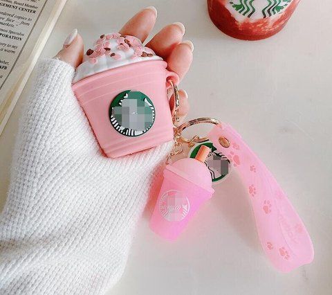 Силіконовий 3D чохол для Apple Airpods 1/2 Морозиво Starbucks + брелок Рожевий