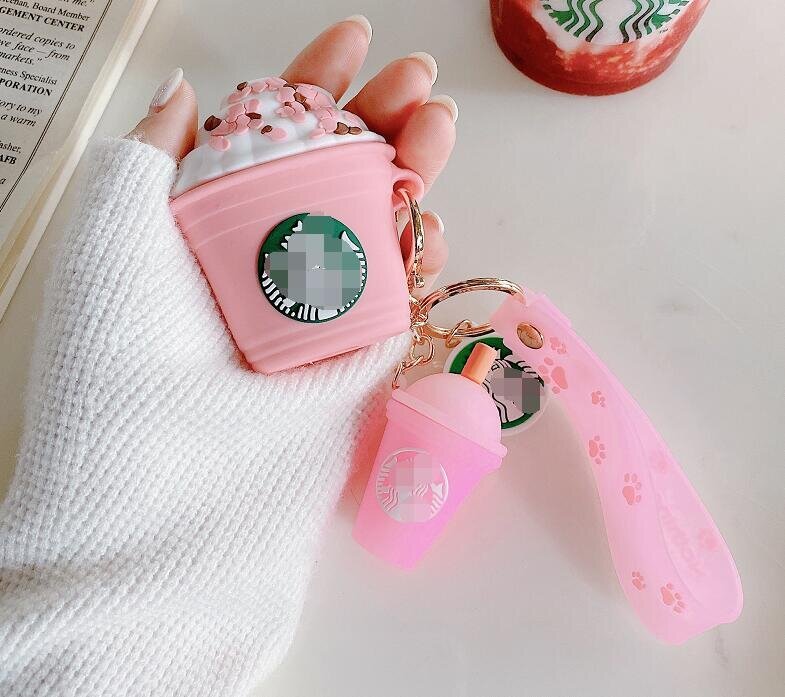 Силиконовый розовый 3D чехол "Мороженое Starbucks" для Apple Airpods 1/2 + брелок
