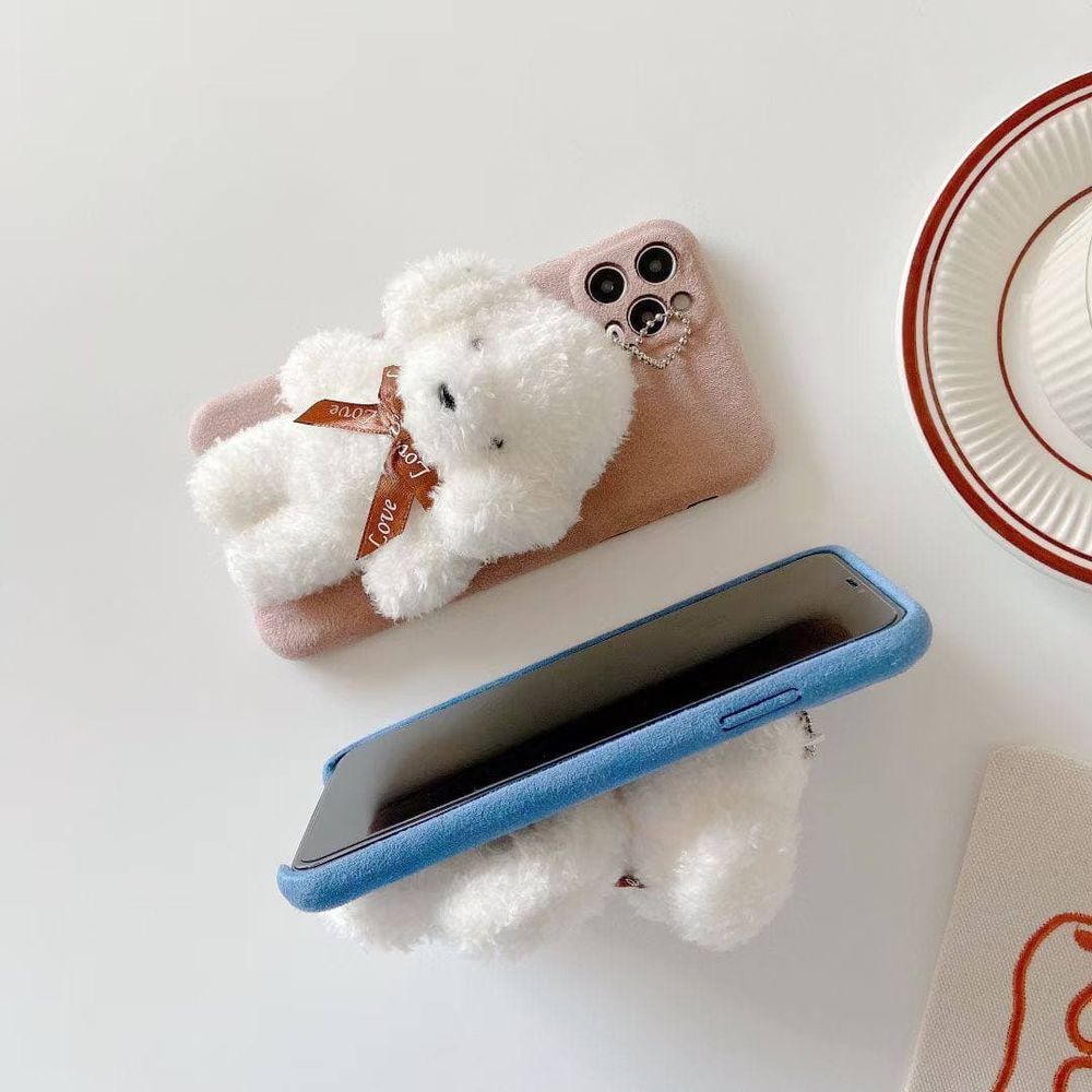 Сиреневый 3D чехол с плюшевым песиком для iPhone 11 Pro Max