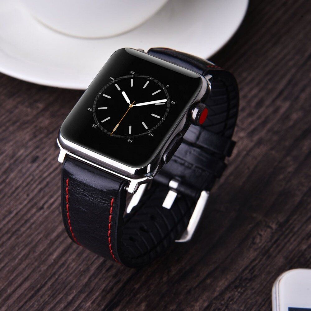 Черный мужской кожаный ремешок для Apple Watch 42-44 мм (Series 6/5/4/3/2)