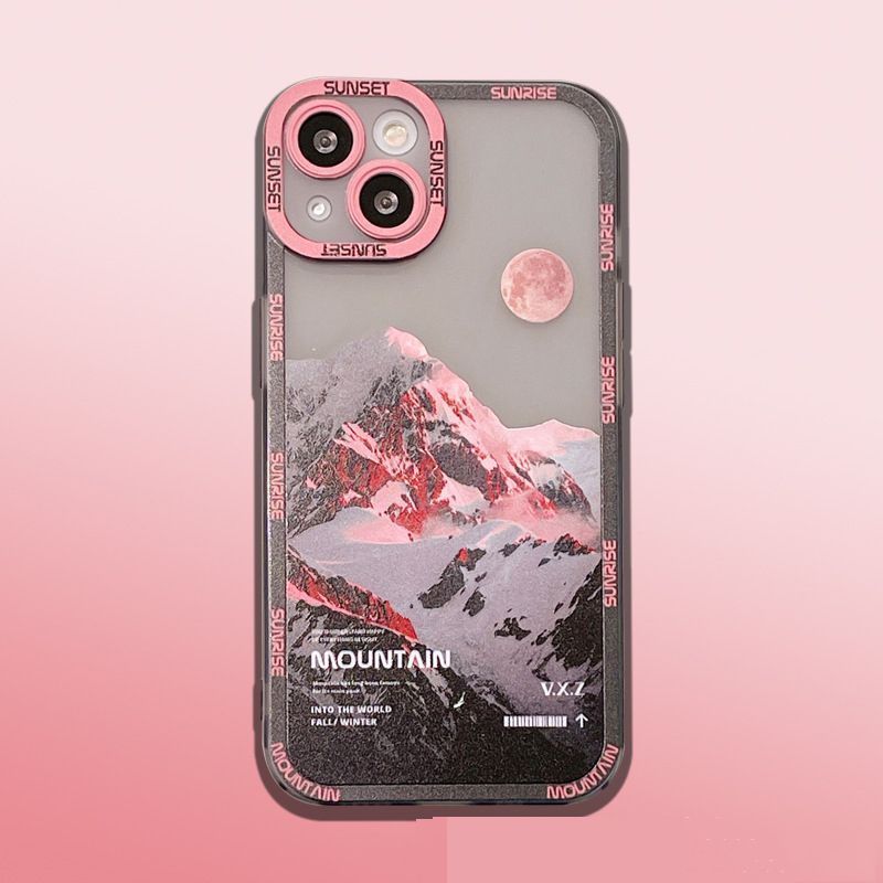 Чехол для iPhone 15 Pro Snowy Mountains с защитой камеры Прозрачно-розовый