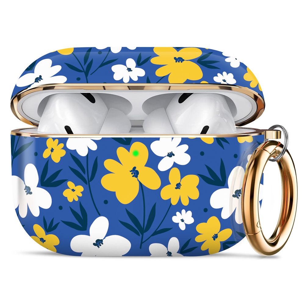 Дизайнерский чехол для Apple Airpods Pro с цветочным принтом Синий с золотым кольцом